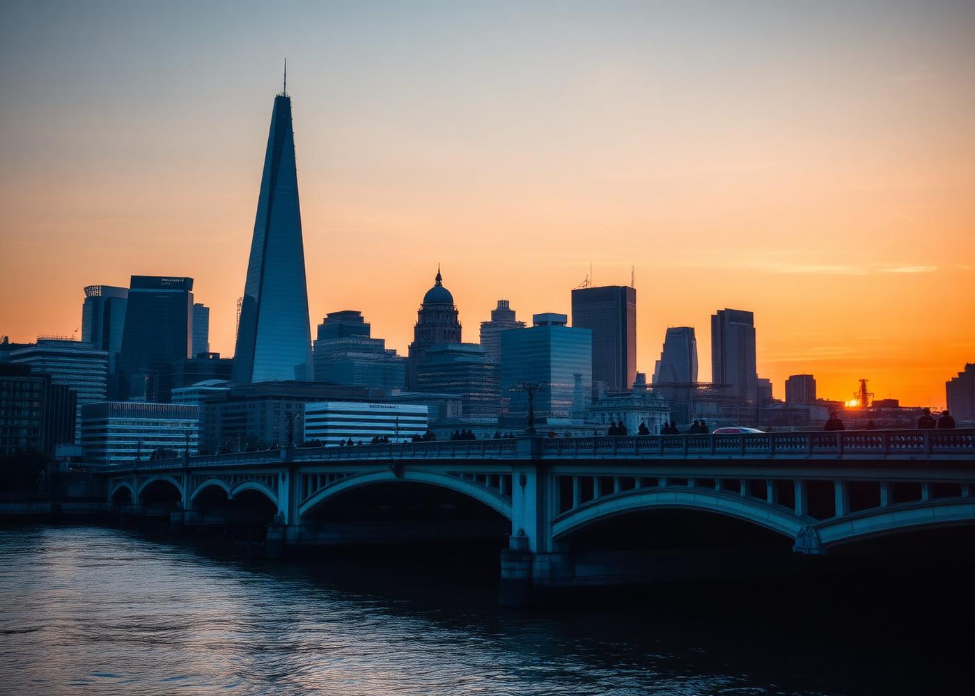 City skyline at sunset