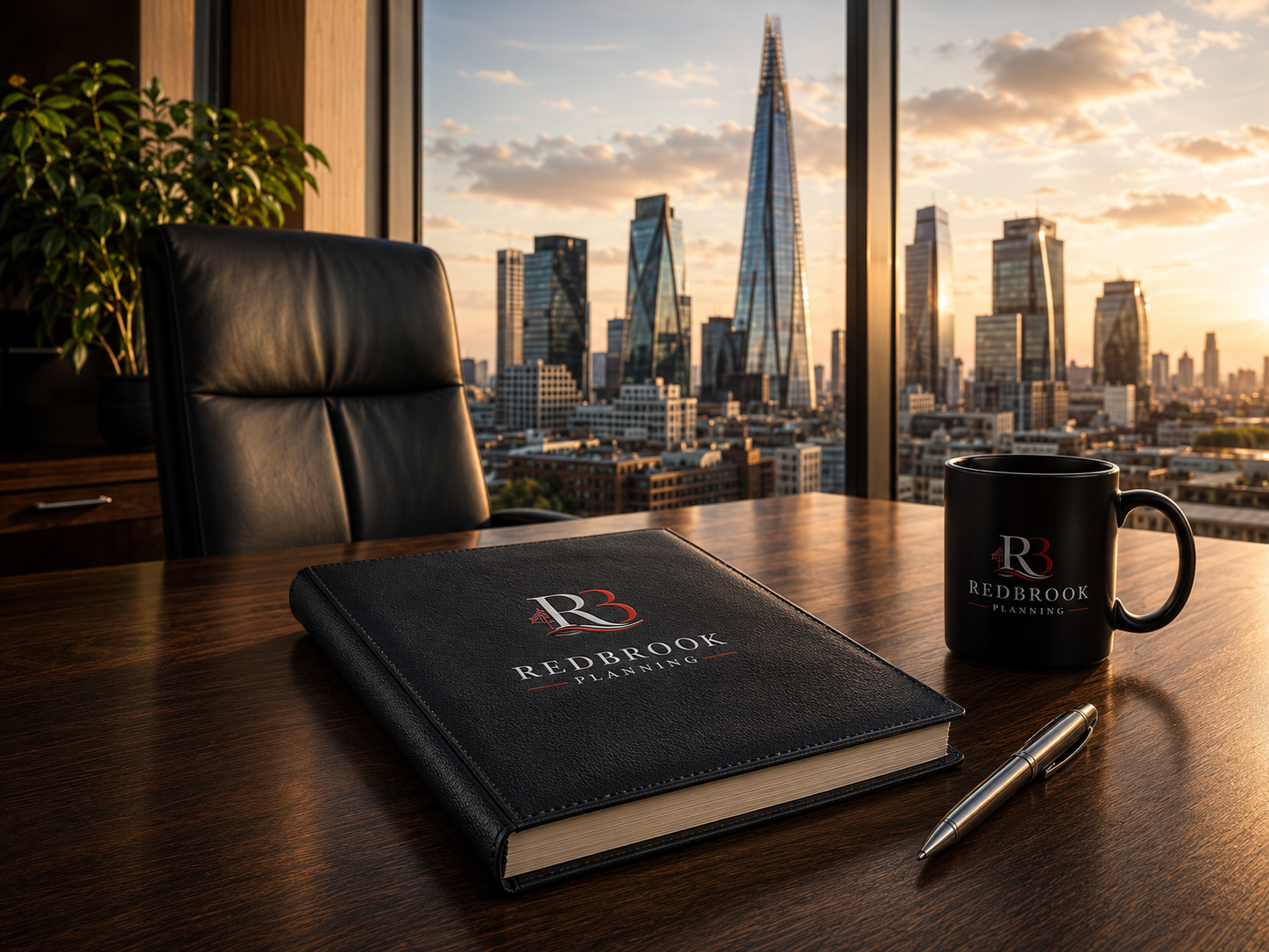 Redbrook Planning leather notebook and branded mug on a walnut desk overlooking the London skyline